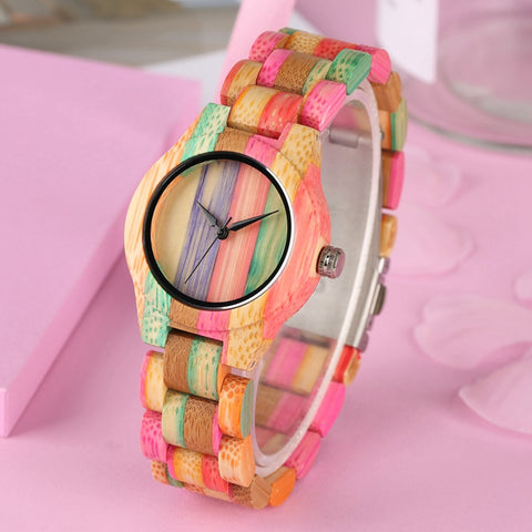 Colorful Wood Watch for Women Unique Fashion Slim Candy Color Bamboo Wood Bracelet Quartz Ladies Dress Clock horloges vrouwen